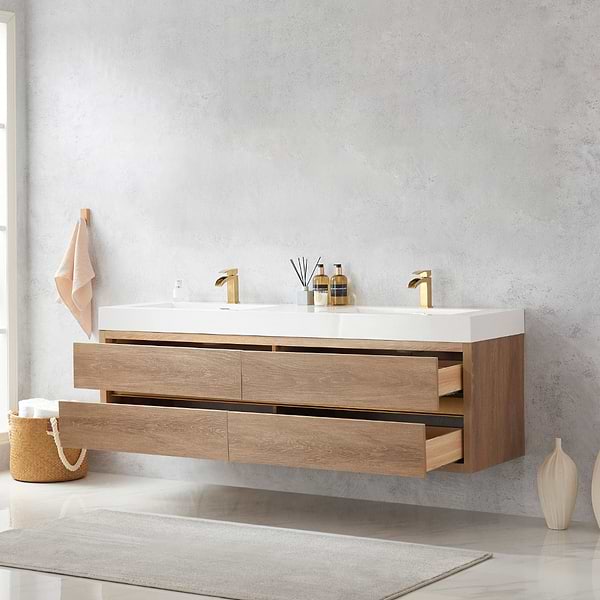 Serrano Blonde Oak 72" Double Floating Vanity with White Integrated Top
