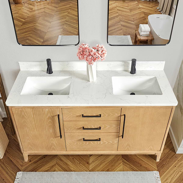 Kaitlin Blonde Oak 60" Double Vanity with White Composite Stone Top