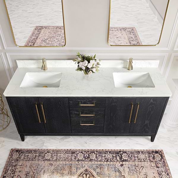 Kaitlin Black Oak 72" Double Vanity with White Composite Stone Top