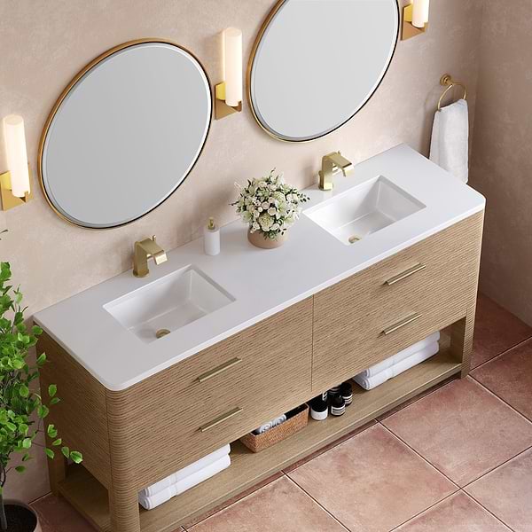 James Martin Vanities Lucian Pebble Oak 72" Double Vanity with White Zeus Quartz Top