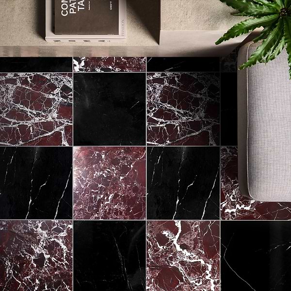 Alterno Black Silk and Rosso Levanto Red 12x12 Polished Marble Checkerboard Tile