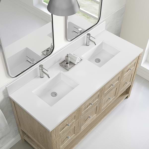 James Martin Vanities Breckenridge Whitewashed Oak 60" Double Vanity with White Zeus Quartz and Backsplash Top