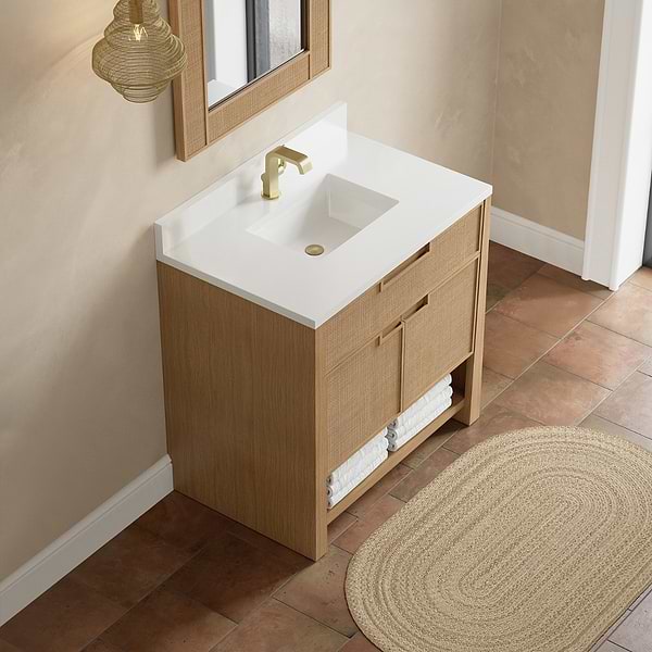 James Martin Vanities Solene Seaside Oak 36" Single Vanity with White Zeus Quartz Top and Backsplash