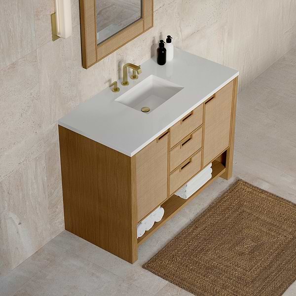 James Martin Vanities Solene Seaside Oak 48" Single Vanity with White Zeus Quartz Top