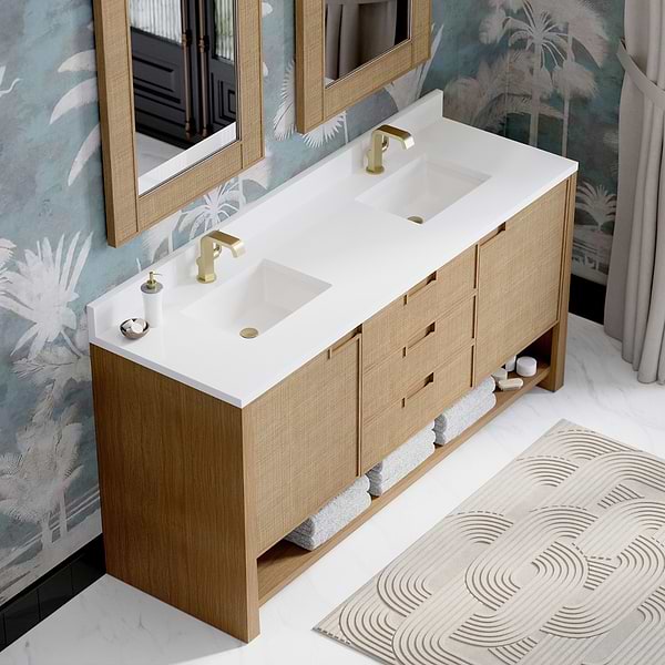 James Martin Vanities Solene Seaside Oak 72" Double Vanity with White Zeus Quartz Top and Backsplash