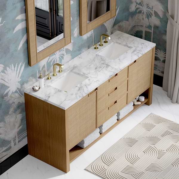James Martin Vanities Solene Seaside Oak 72" Double Vanity with Carrara Marble Top