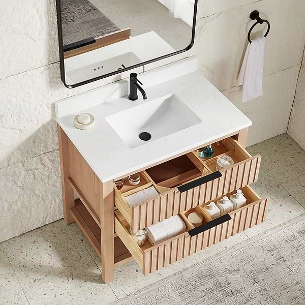 Valera Natural Oak 36" Single Vanity with White Grain Composite Stone Top