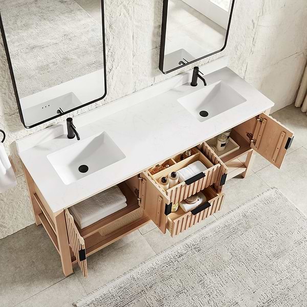 Valera Natural Oak 72" Double Vanity with White Grain Composite Stone Top