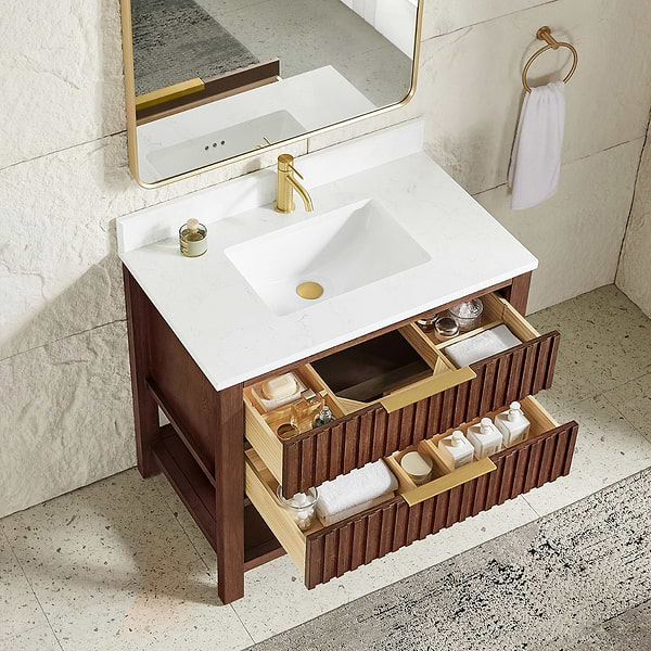 Valera Brown Oak 36" Single Vanity with White Grain Composite Stone Top
