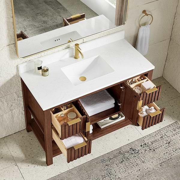 Valera Brown Oak 48" Single Vanity with White Grain Composite Stone Top