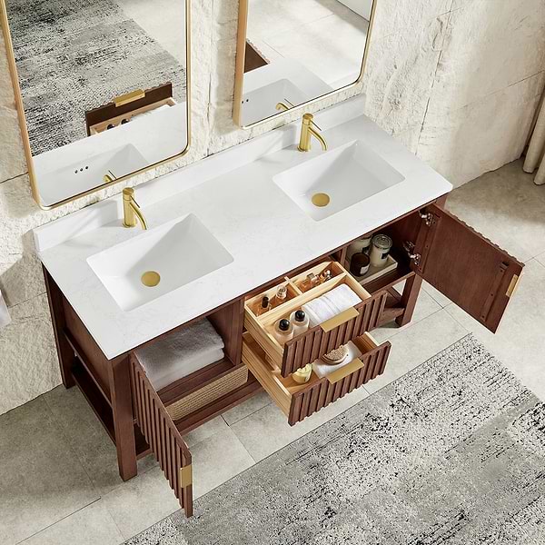 Valera Brown Oak 60" Double Vanity with White Grain Composite Stone Top