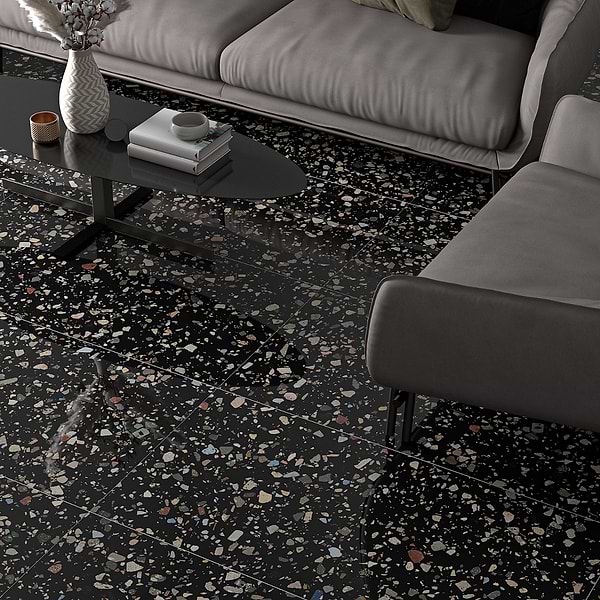 Bejeweled Black Multicolor 24x48 Terrazzo Look Polished Porcelain Tile