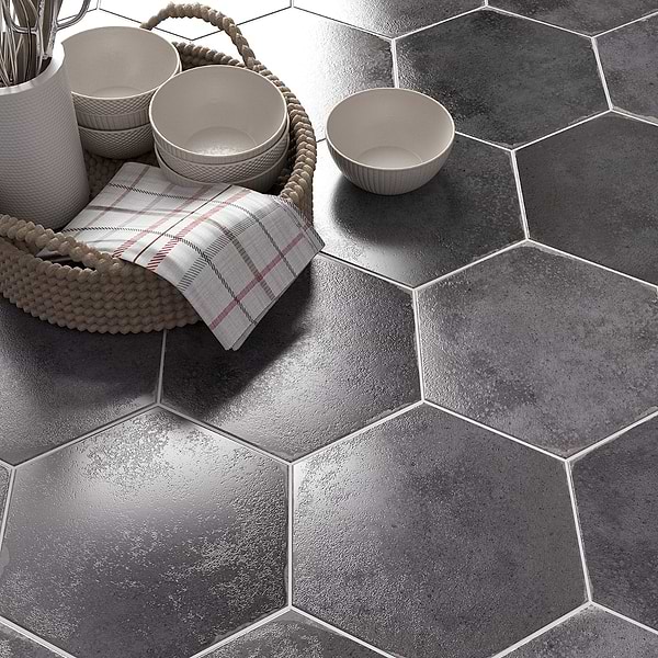 Kalay Antracite Gray 9" Hexagon Polished Porcelain Tile