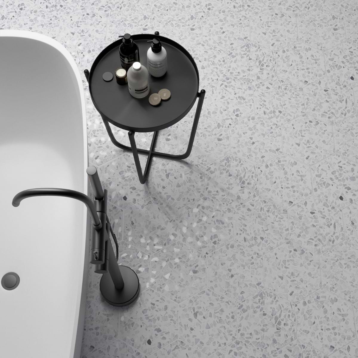 Terrazzo Hex Gray 9" Terrazzo Look Matte Porcelain Tile; in White + Gray  Porcelain; for Backsplash, Bathroom Floor, Bathroom Wall, Commercial Floor, Floor Tile, Kitchen Floor, Kitchen Wall, Outdoor Floor, Outdoor Wall, Pool Tile, Shower Floor, Shower Wall, Wall Tile; in Style Ideas Craftsman, Mediterranean, Mid Century, Modern; released 2025; new, trends