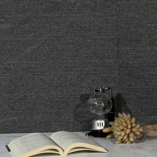 Rakestone Carved Comb Noir Black 12x24 Textured Honed Basalt Stone Tile