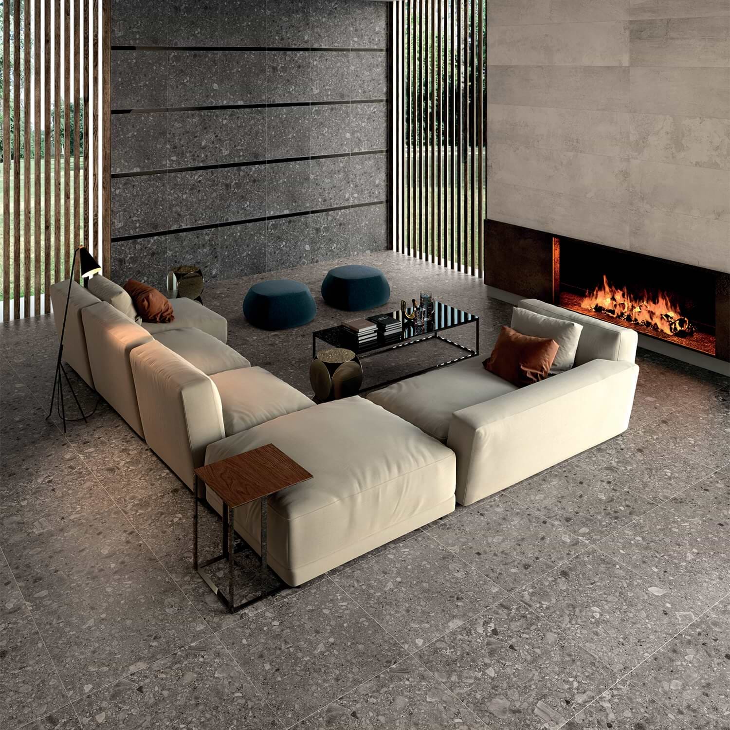 Rizo Antracite Dark Gray 24x24 Terrazzo Look Semi-Polished Porcelain Tile; in Dark Gray Porcelain; for Backsplash, Bathroom Floor, Bathroom Wall, Commercial Floor, Floor Tile, Kitchen Floor, Kitchen Wall, Outdoor Floor, Outdoor Wall, Shower Wall, Wall Tile; in Style Ideas Craftsman, Industrial, Modern, Rustic