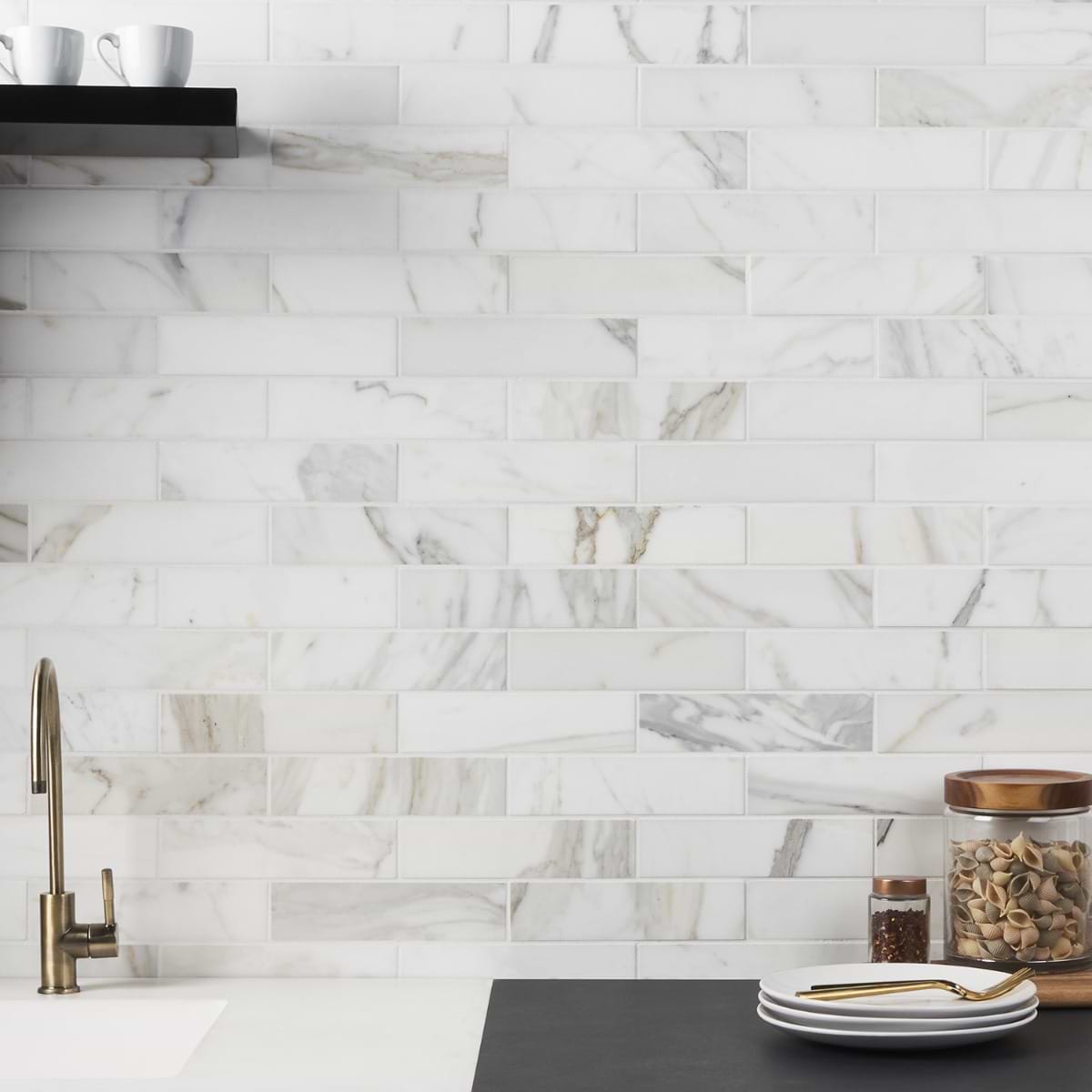Calacatta Gold 2x8 Honed Marble Subway Tile; in White  Marble; for Backsplash, Bathroom Floor, Bathroom Wall, Commercial Floor, Floor Tile, Kitchen Floor, Kitchen Wall, Outdoor Floor, Outdoor Wall, Shower Floor, Shower Wall, Wall Tile; in Style Ideas Art Deco, Classic, Contemporary, Mid Century, Traditional, Transitional; released 2025; new, trends