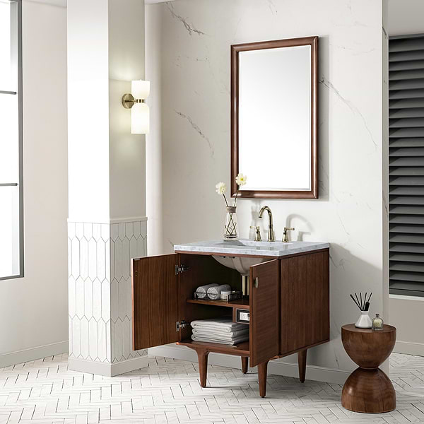 James Martin Vanities Amberly Mid-Century Walnut 30" Single Vanity with Carrara Marble Top
