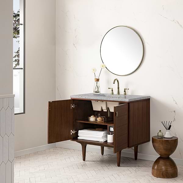 James Martin Vanities Amberly Mid-Century Walnut 36" Single Vanity with Eternal Jasmine Pearl Top
