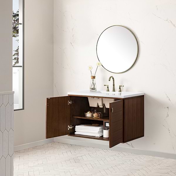 James Martin Vanities Amberly Mid-Century Walnut 36" Single Vanity with White Zeus Quartz Top