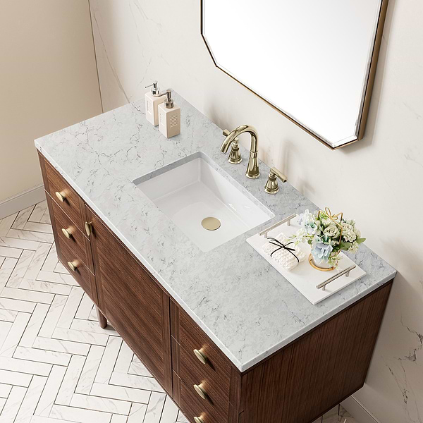 James Martin Vanities Amberly Mid-Century Walnut 48" Single Vanity with Eternal Jasmine Pearl Top