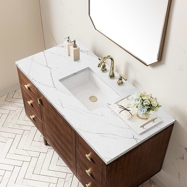 James Martin Vanities Amberly Mid-Century Walnut 48" Single Vanity with Ethereal Noctis Quartz Top