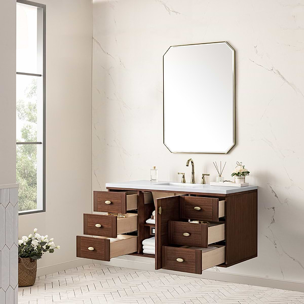 James Martin Vanities Amberly Mid-Century Walnut 48" Single Vanity with White Zeus Quartz Top