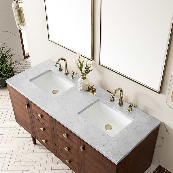 James Martin Vanities Amberly Mid-Century Walnut 60" Double Vanity with Carrara Marble Top