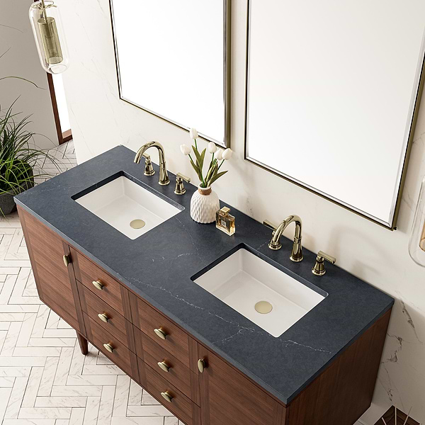 James Martin Vanities Amberly Mid-Century Walnut 60" Double Vanity with Charcoal Soapstone Quartz Top