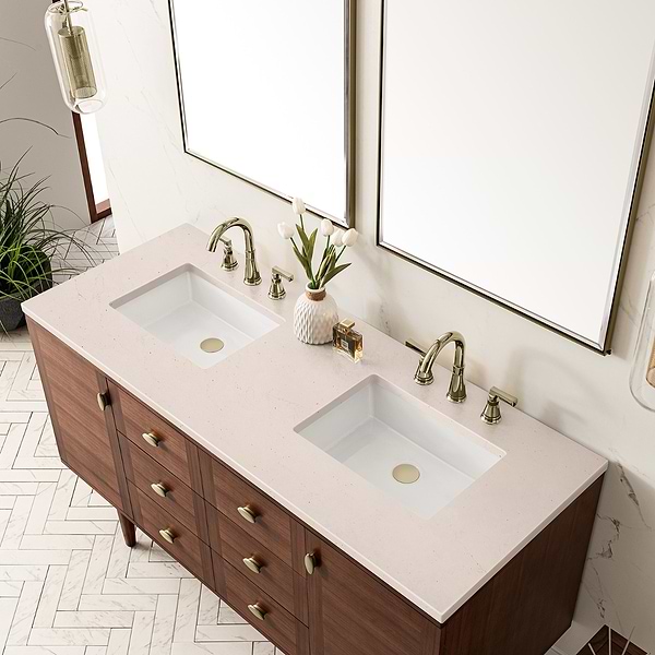 James Martin Vanities Amberly Mid-Century Walnut 60" Double Vanity with Eternal Marfil Quartz Top