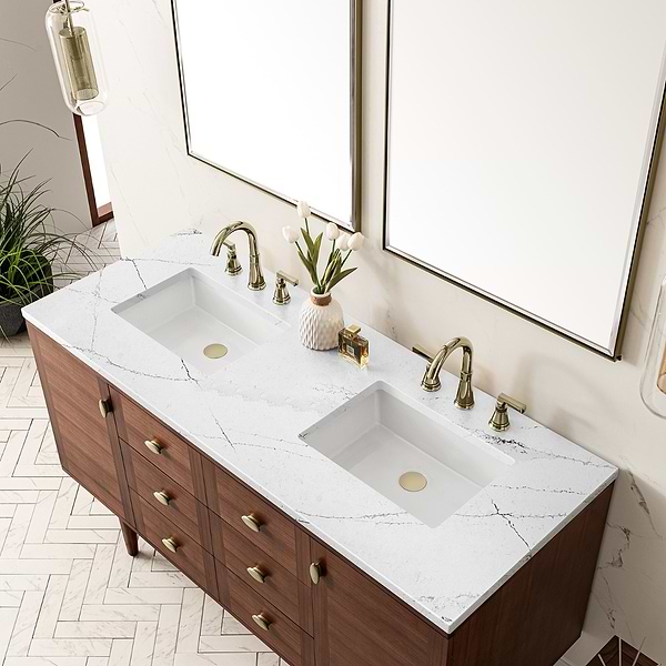 James Martin Vanities Amberly Mid-Century Walnut 60" Double Vanity with Ethereal Noctis Quartz Top