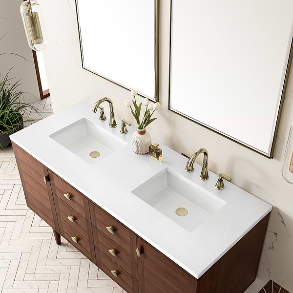James Martin Vanities Amberly Mid-Century Walnut 60" Double Vanity with White Zeus Quartz Top