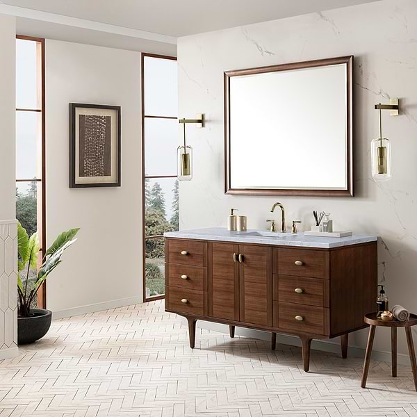 James Martin Vanities Amberly Mid-Century Walnut 60" Single Vanity with Carrara Marble Top