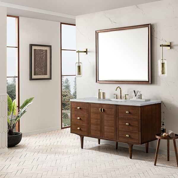 James Martin Vanities Amberly Mid-Century Walnut 60" Single Vanity with Ethereal Noctis Quartz Top