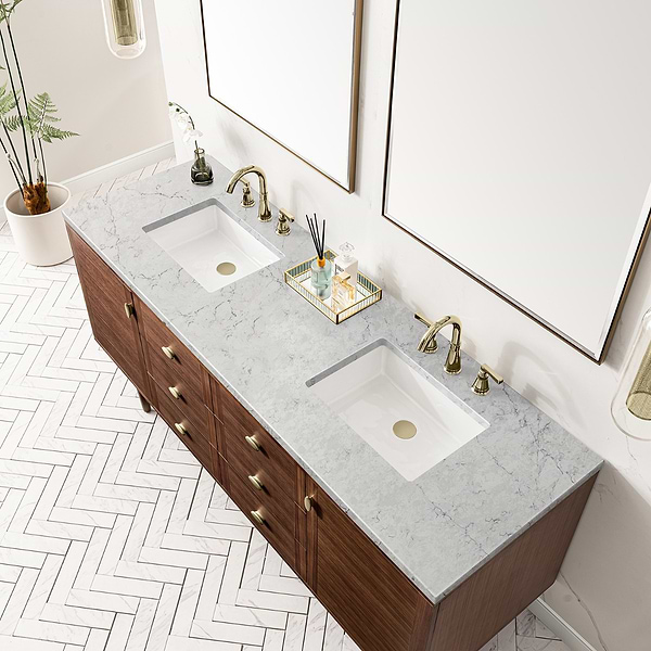 James Martin Vanities Amberly Mid-Century Walnut 72" Double Vanity with Eternal Jasmine Pearl Top