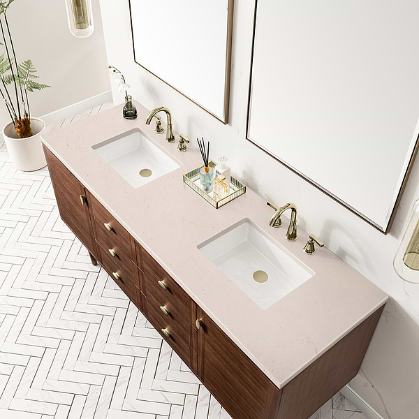James Martin Vanities Amberly Mid-Century Walnut 72" Double Vanity with Eternal Marfil Quartz Top