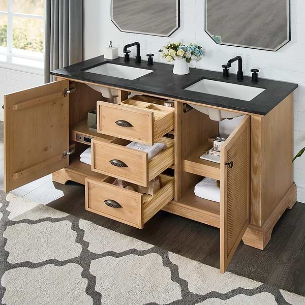 Olivier Blonde Wood 60" Double Vanity with Black Marble Top