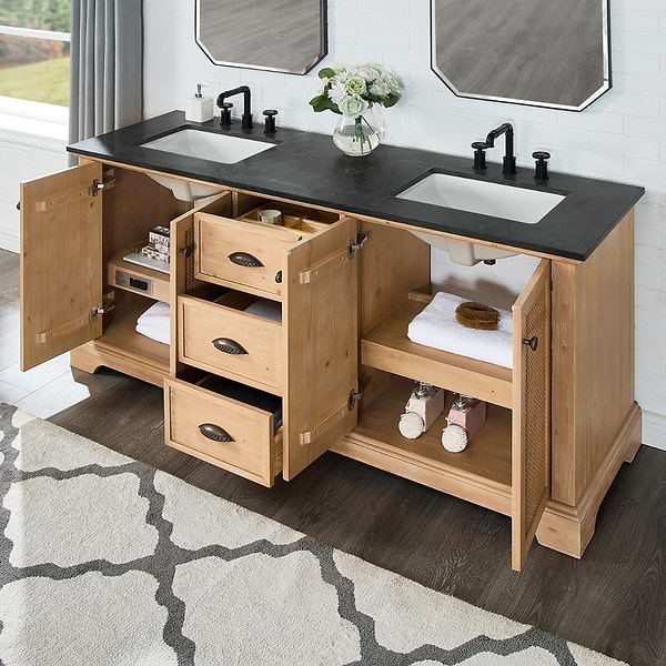 Olivier Blonde Wood 72" Double Vanity with Black Marble Top