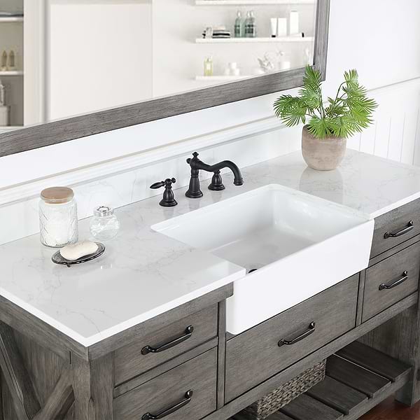 Inwood Gray Oak 60" Single Vanity with White Stone Top and Farmhouse  Sink