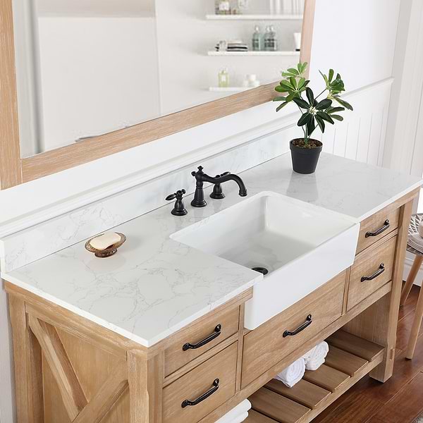 Inwood Blonde Oak 60" Single Vanity with White Stone Top and Farmhouse  Sink