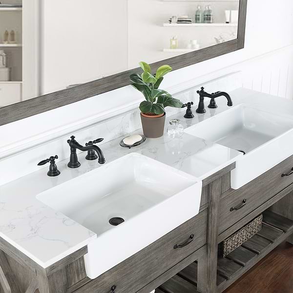 Inwood Gray Oak 72" Double Vanity with White Stone Top and Farmhouse Sink