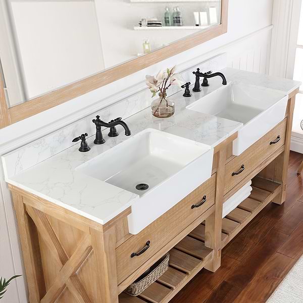 Inwood Blonde Oak 72" Double Vanity with White Stone Top and Farmhouse Sink