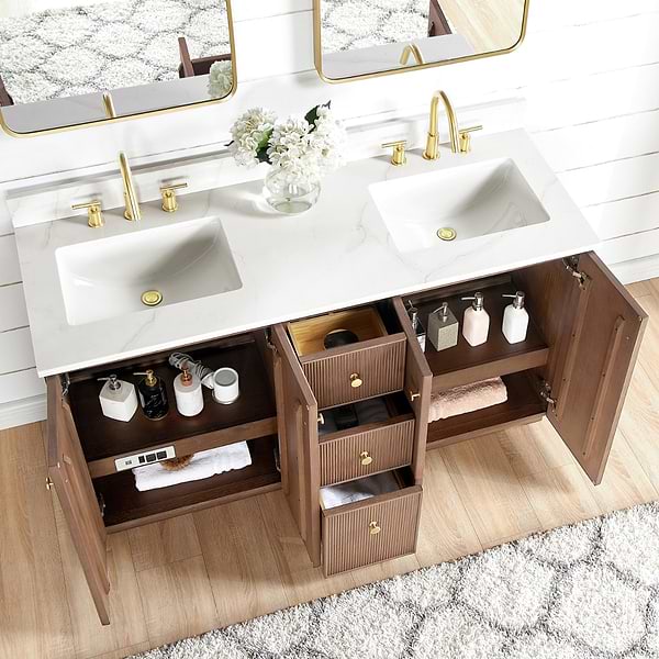 Florencia Brown Oak 60" Double Vanity with Pacific White Quartz Top