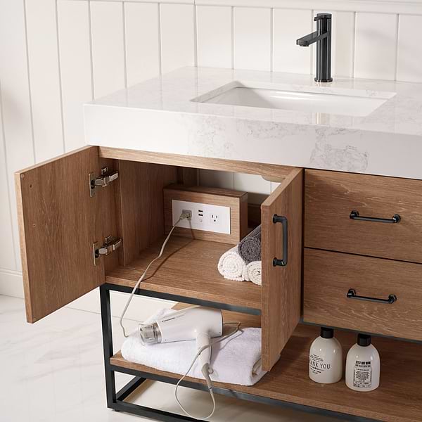 Ithica White Oak 36" Single Vanity and Black Hardware with Atlantic Stone Top