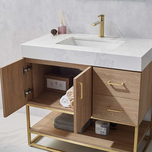 Ithica White Oak 36" Single Vanity and Gold Hardware with Atlantic Stone Top