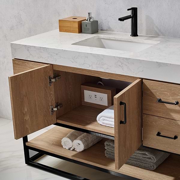Ithica White Oak 48" Single Vanity and Black Hardware with Atlantic Stone Top