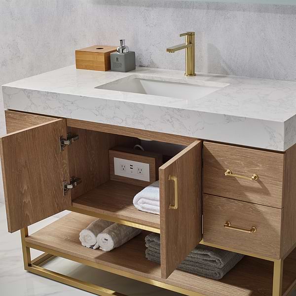 Ithica White Oak 48" Single Vanity and Gold Hardware with Atlantic Stone Top