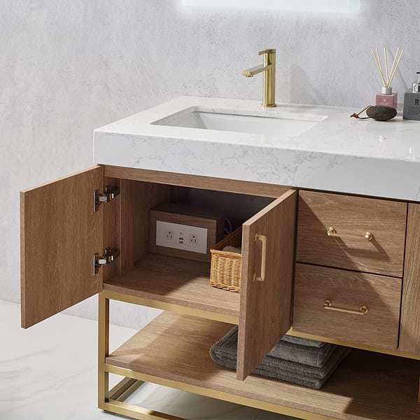 Ithica White Oak 60" Double Vanity and Gold Hardware with Atlantic Stone Top