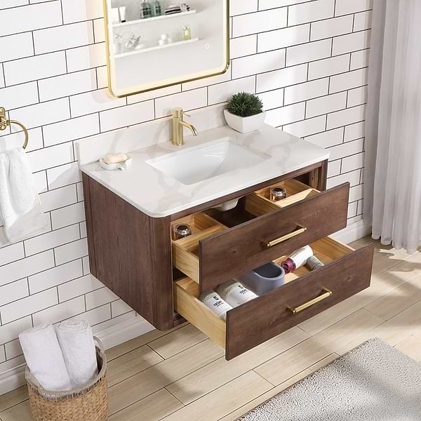 Riven Brown Oak 36" Single Vanity with Pacific White Quartz Top