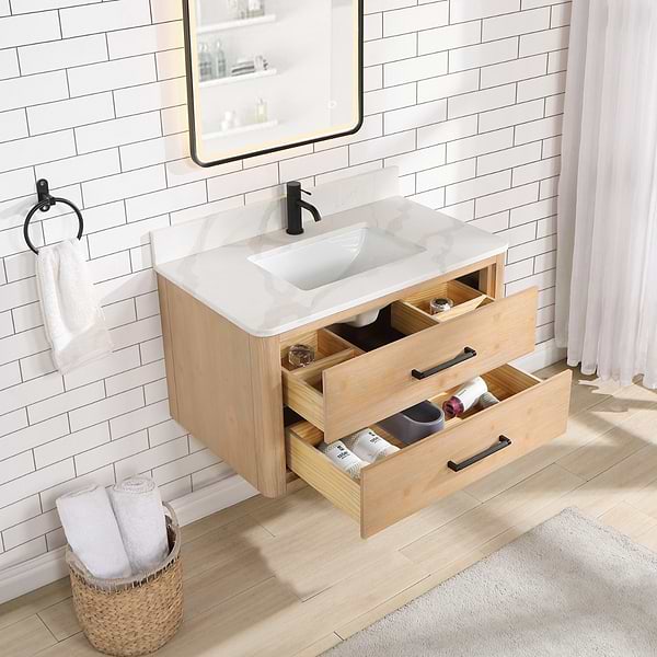 Riven Blonde Oak 36" Sinlge Vanity with Pacific White Quartz Top